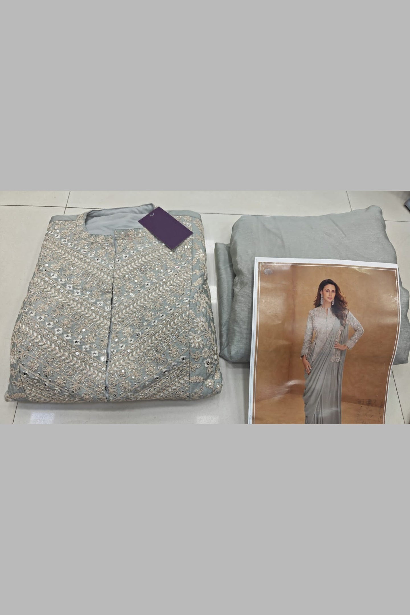 Powder Blue Chinon Silk Jacket with Draped Saree with Embroidery