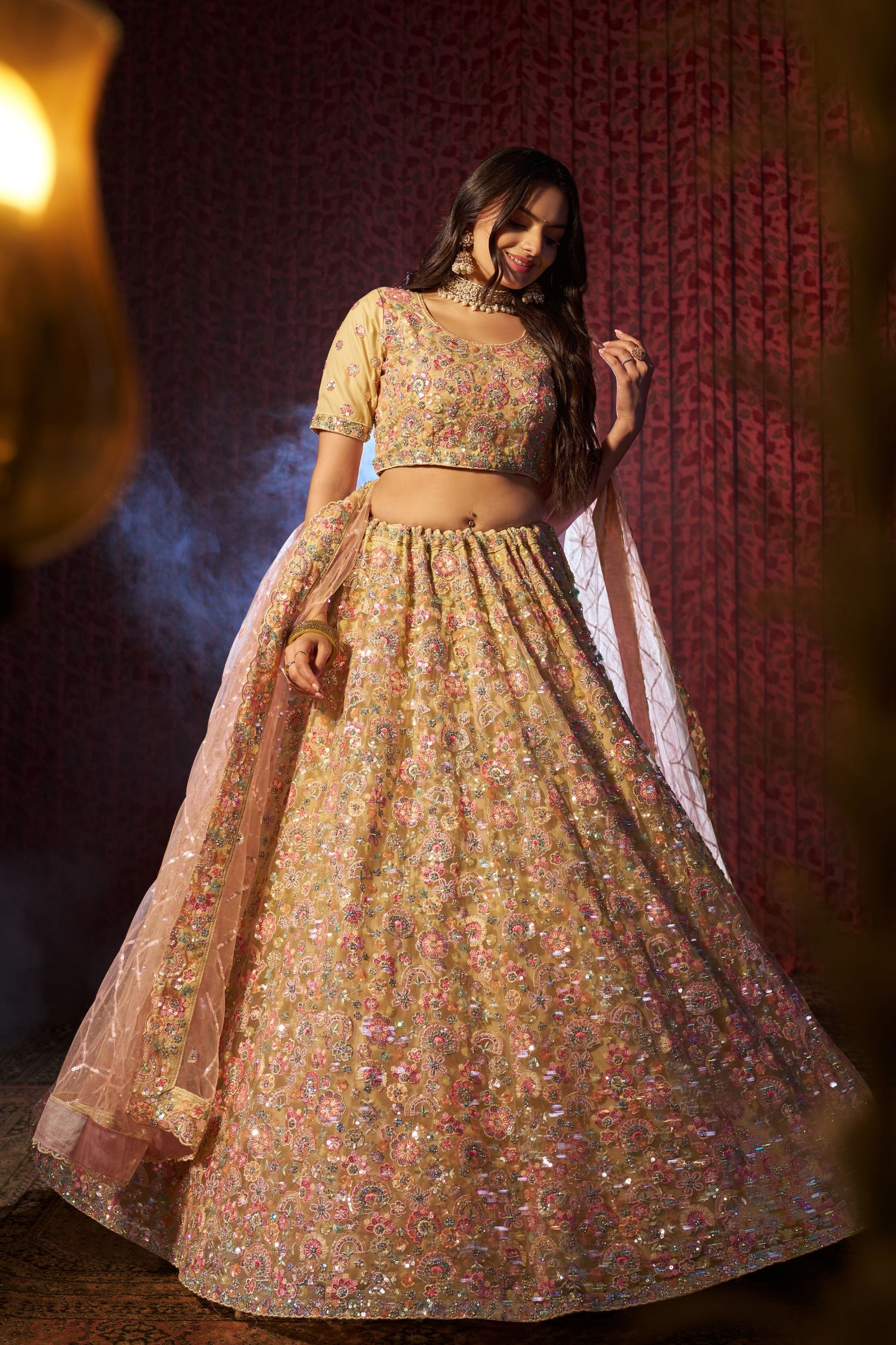 Beige Net Lehenga Choli For Indian Festival & Weddings - Sequence Embroidery Work, Thread Embroidery Work