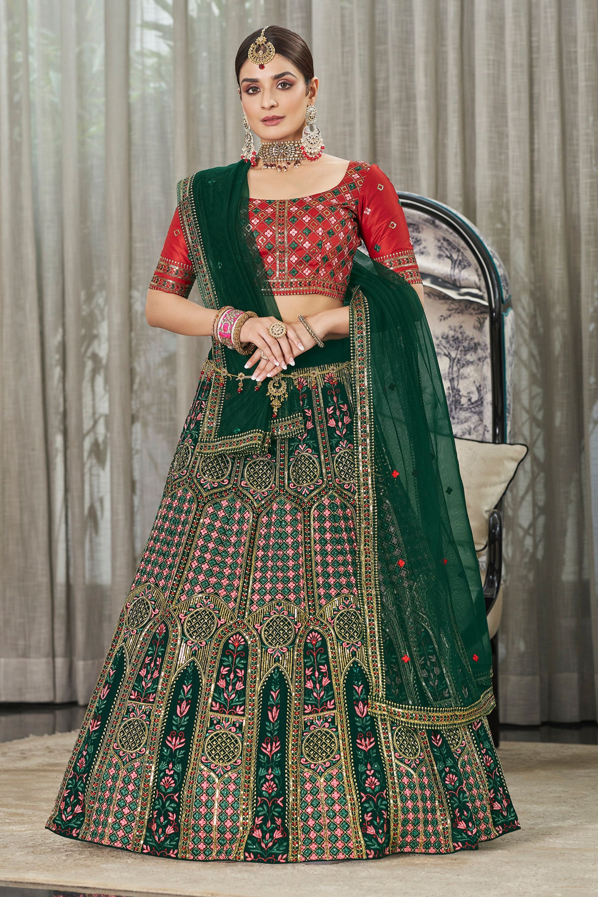 Green Georgette Lehenga Choli For Indian Weddings & Festivals - Thread Embroidery Work, Sequence Embroidery Work