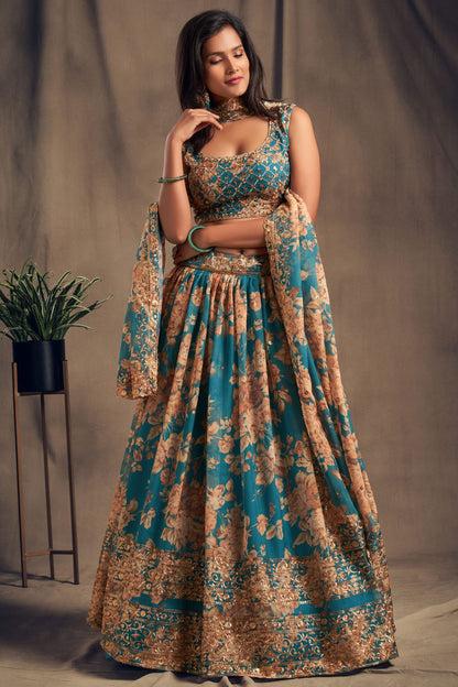 Teal Organza Lehenga Choli For Indian Festival & Weddings - Embroidery Work, Print Work