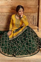A full-length seated portrait shows a woman in a yellow embroidered haldi outfit with a dark green patterned skirt and traditional jewelry, reflecting haldi outfits for women, a haldi dress