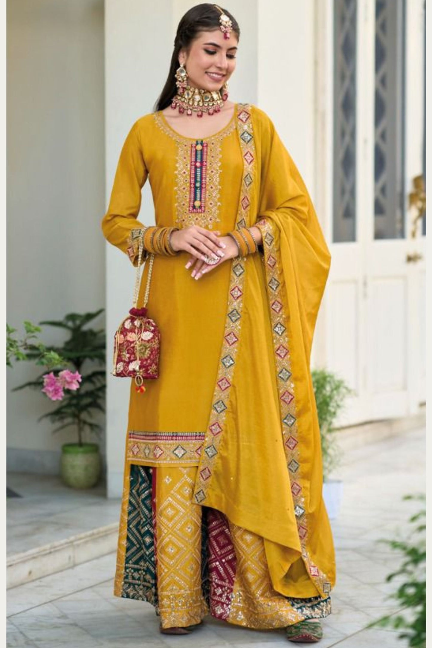 Yellow Chinon Silk Kameez with Plazzo For Indian Suit Festivals & Pakistani Weddings - Embroidery Work