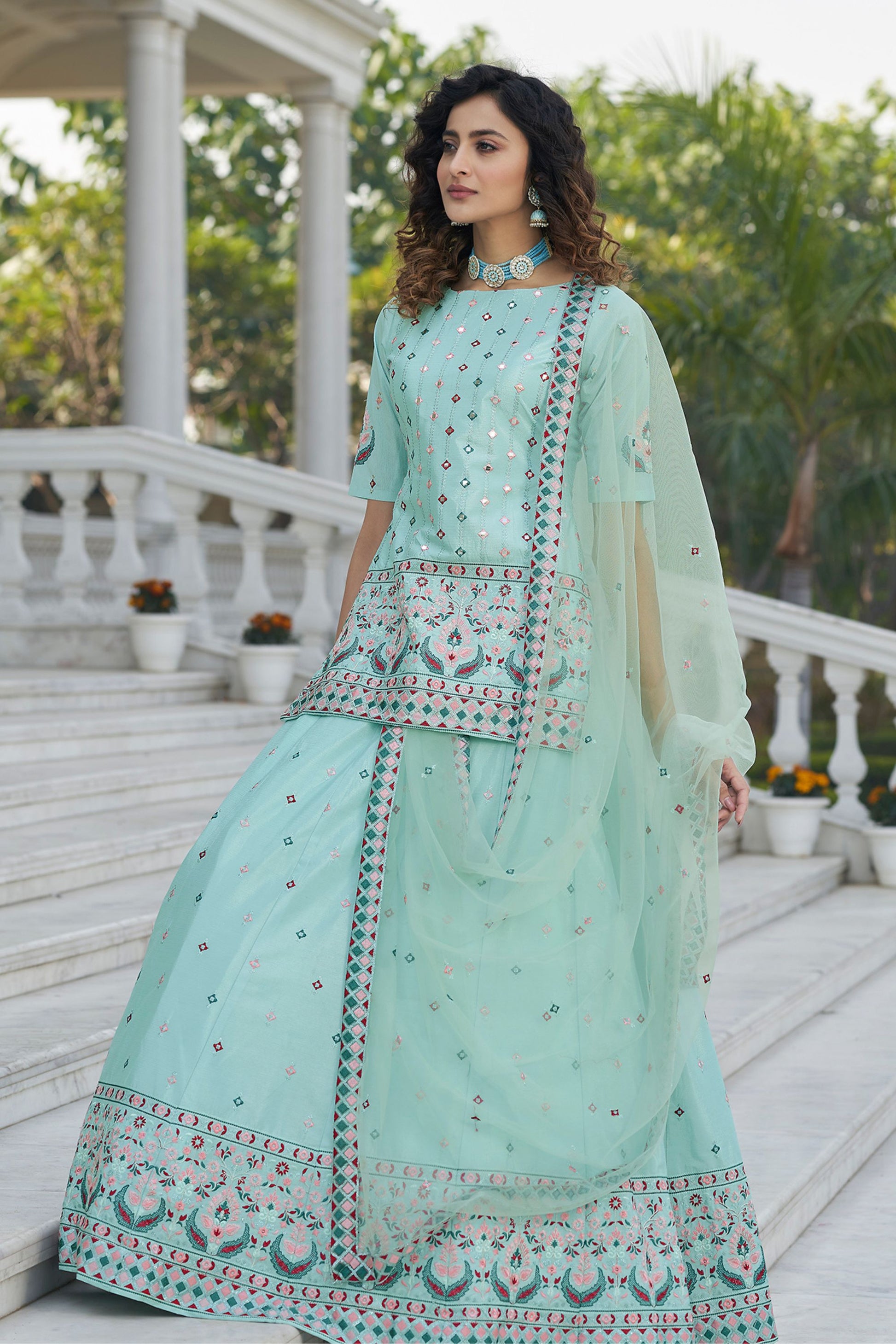 Sky Blue Pakistani Chinon Lehenga Choli For Indian Festivals & Weddings - Sequence Embroidery Work, Thread Embroidery Work,