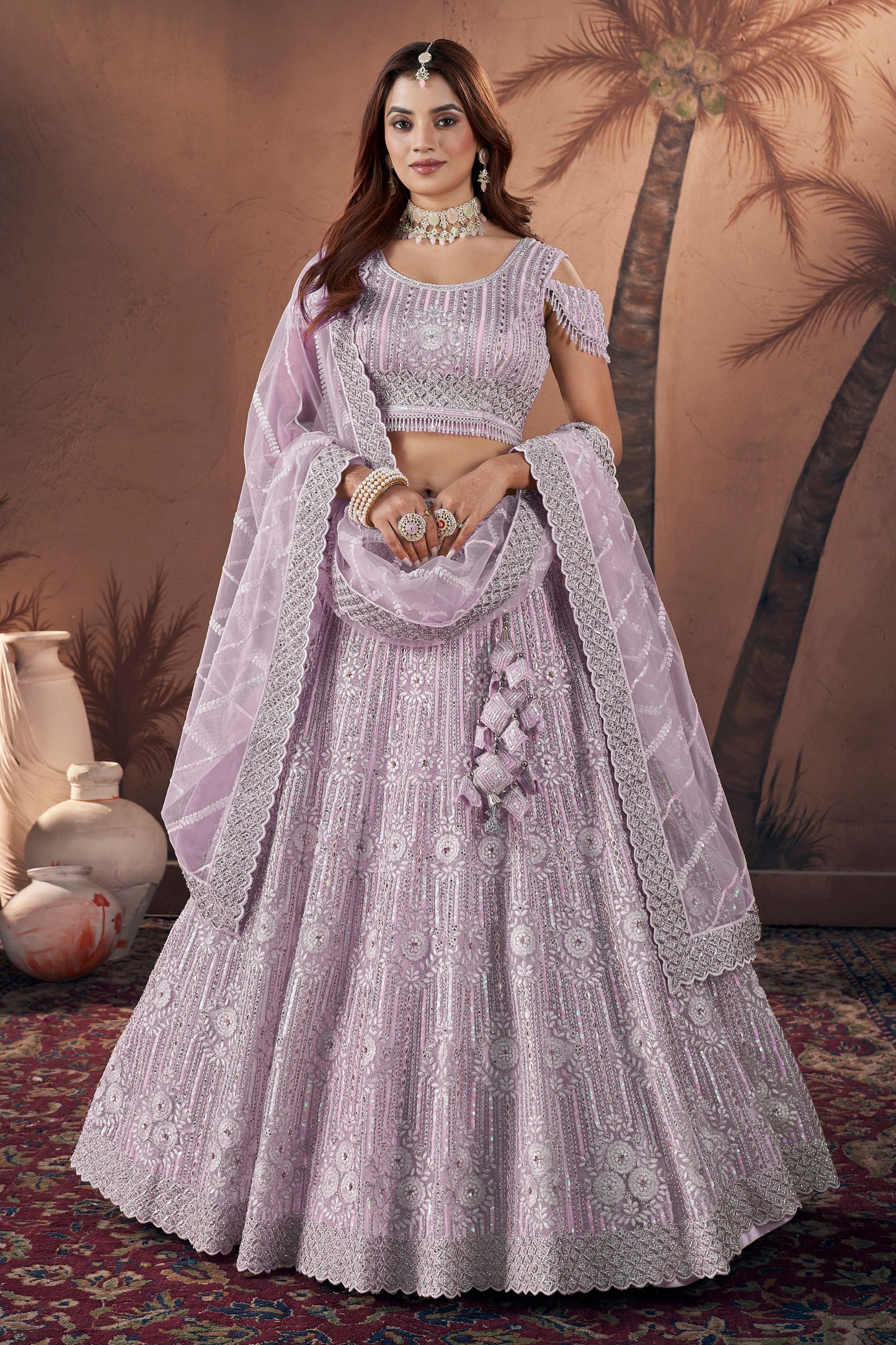 Light Purple Net Lehenga Choli For Indian Festivals & Wedding - Zarkan Work, Sequence Embroidery Work, Khatli Work