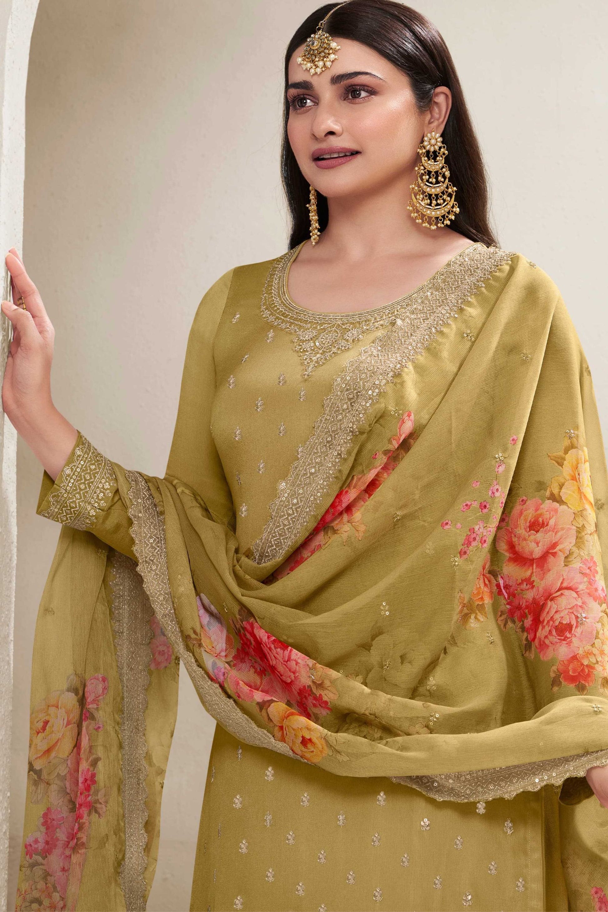 Olive Chinon Silk Palazzo Suit For Indian Festivals & Pakistani Plazo Weddings Dress - Embroidery Work, Print Work