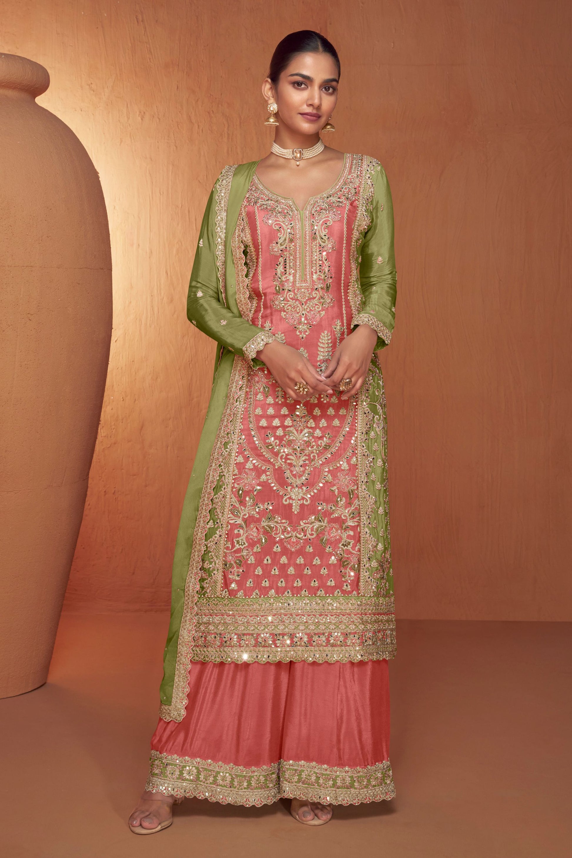 Grey Chinon Traditional Plazo Suits For Pakistani Festivals & Indian Wedding - Embroidery Work