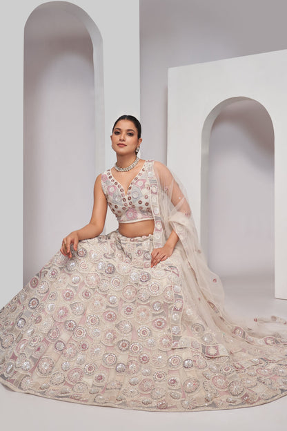 White Soft Net Lehenga Choli For Indian Festivals & Weddings - Sequins Work, Dori Work, Zarkan Work, Thread Work