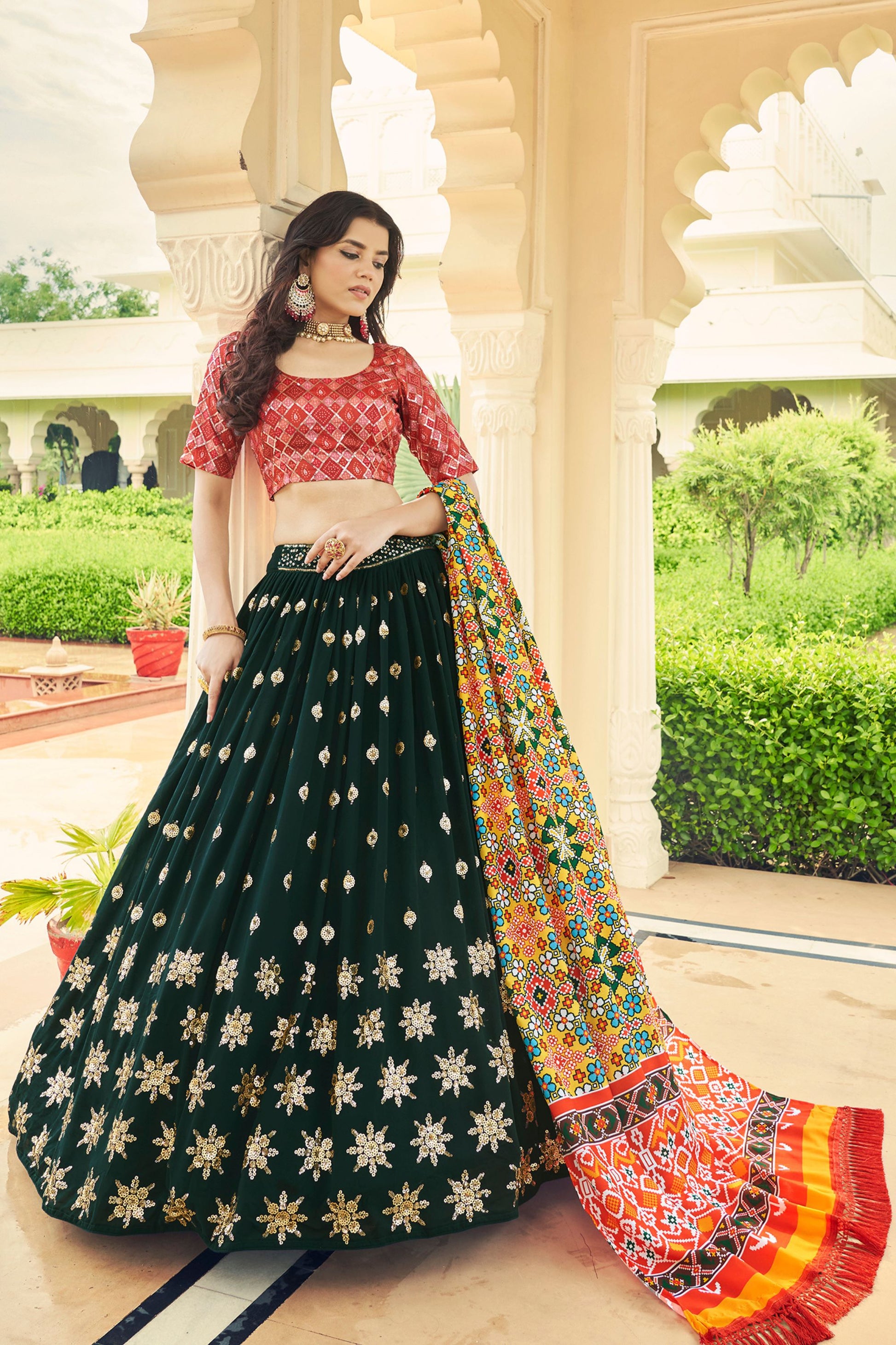Green Georgette Lehenga Choli For Indian Weddings & Festivals - Thread Work, Sequence Embroidery Work