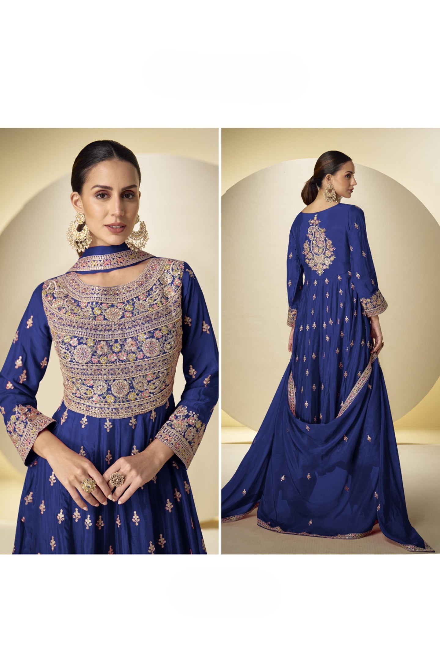 Blue Chinon Silk Kameez With Pant For Indian & Pakistani Wedding Festival - Sequins & Thread Embroidery Work