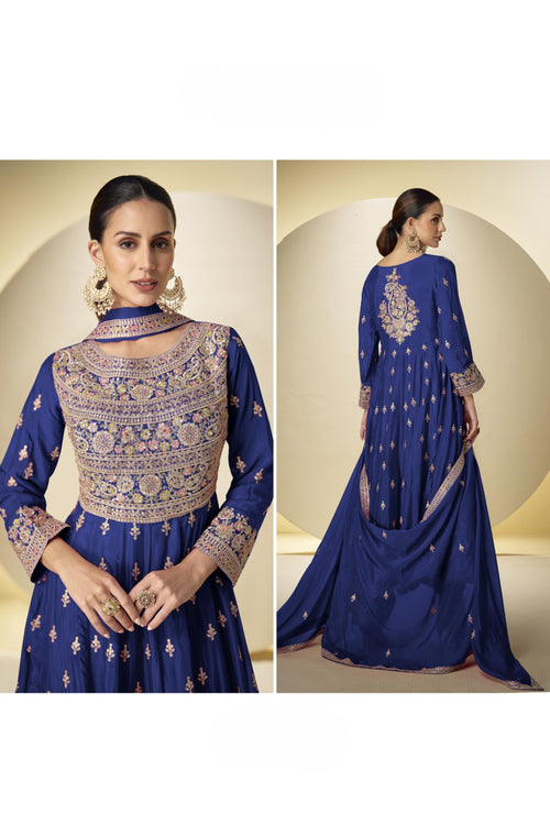 Blue Chinon Silk Kameez With Pant For Indian & Pakistani Wedding Festival - Sequins & Thread Embroidery Work