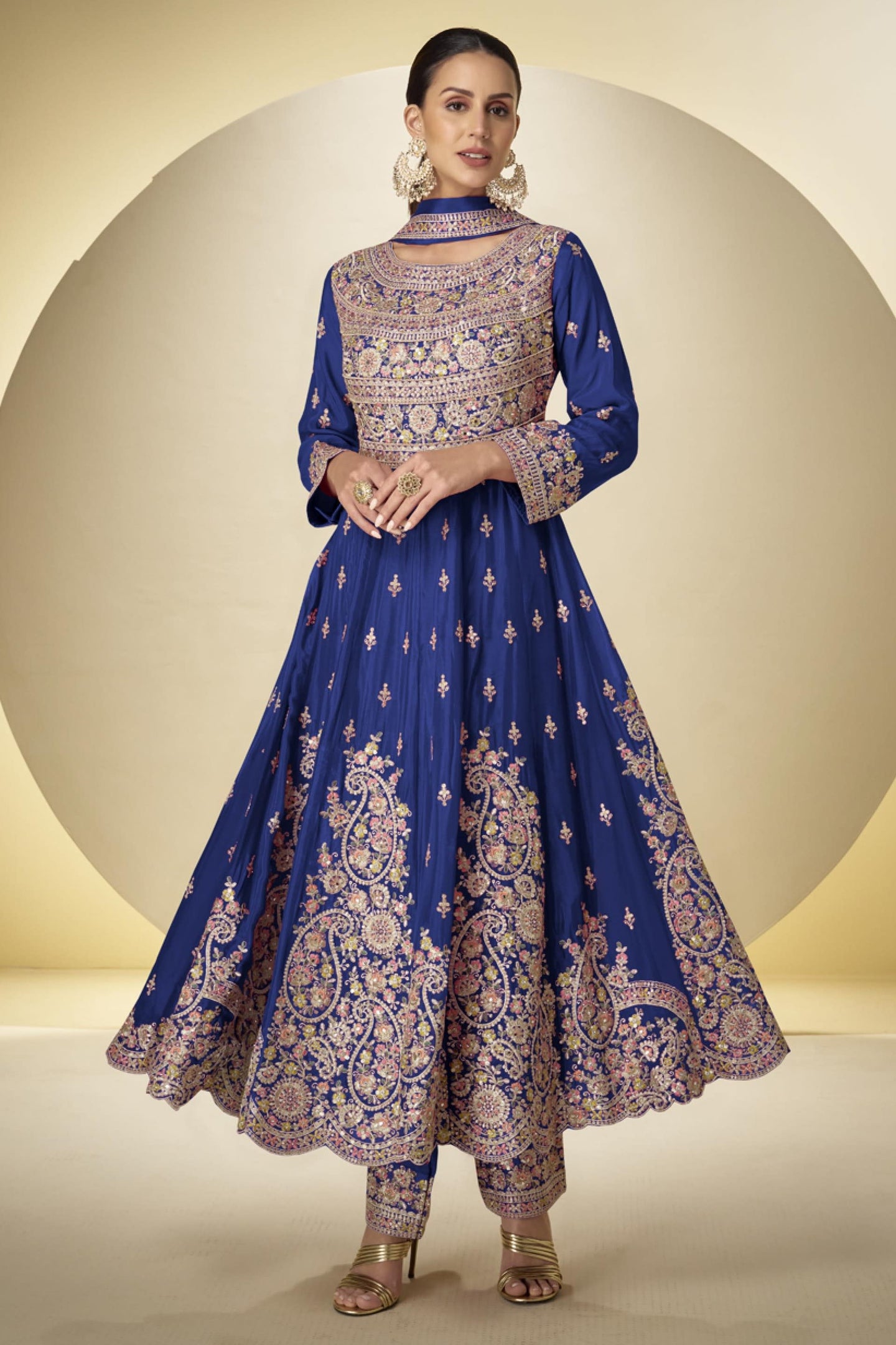 Blue Chinon Silk Kameez With Pant For Indian & Pakistani Wedding Festival - Sequins & Thread Embroidery Work