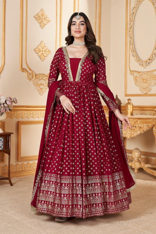 Red Georgette Full Length Anarkali Suit For Indian Festivals & Pakistani Weddings - Metallic Foil Work