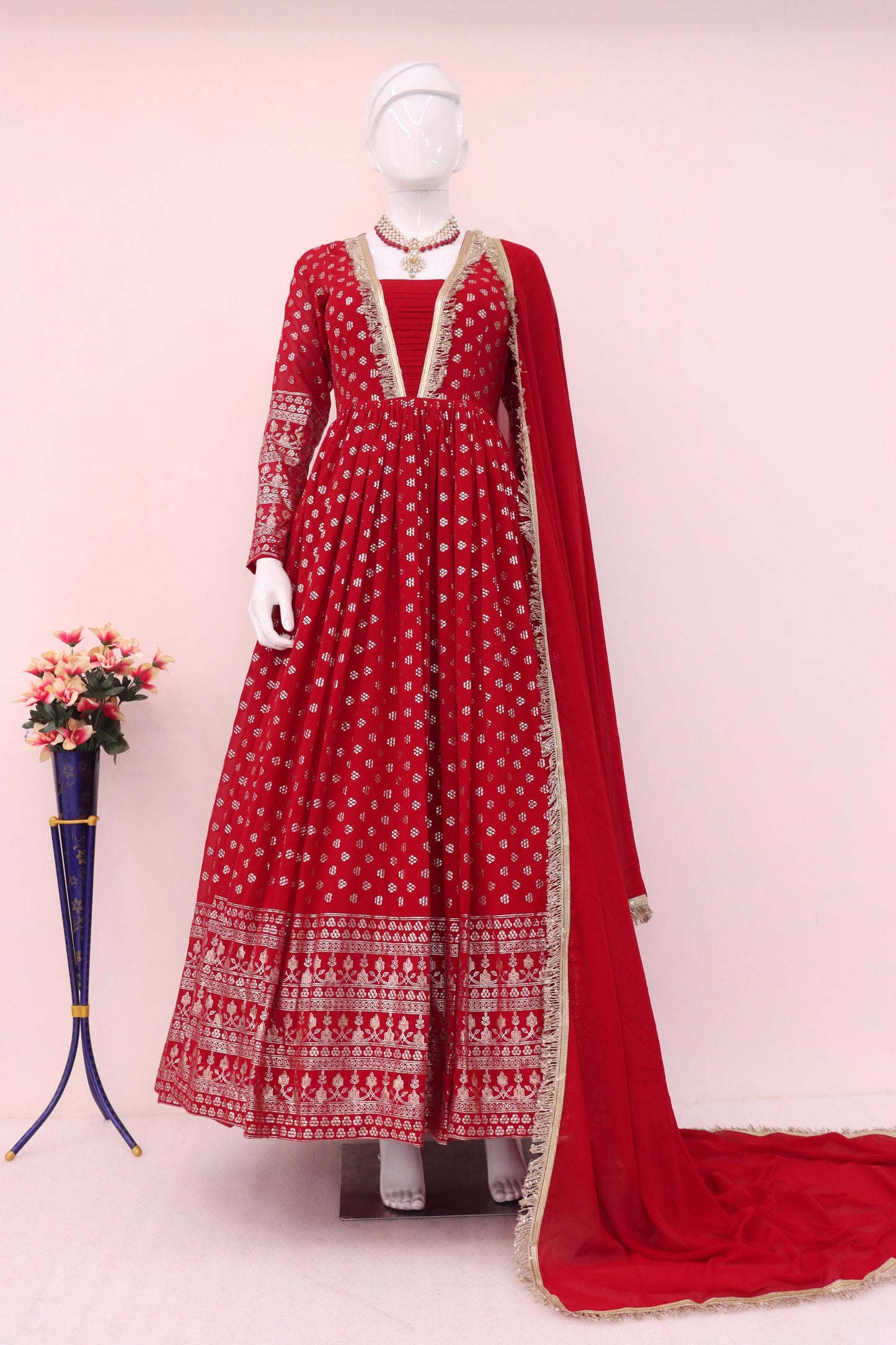 Red Georgette Full Length Anarkali Suit For Indian Festivals & Pakistani Weddings - Metallic Foil Work