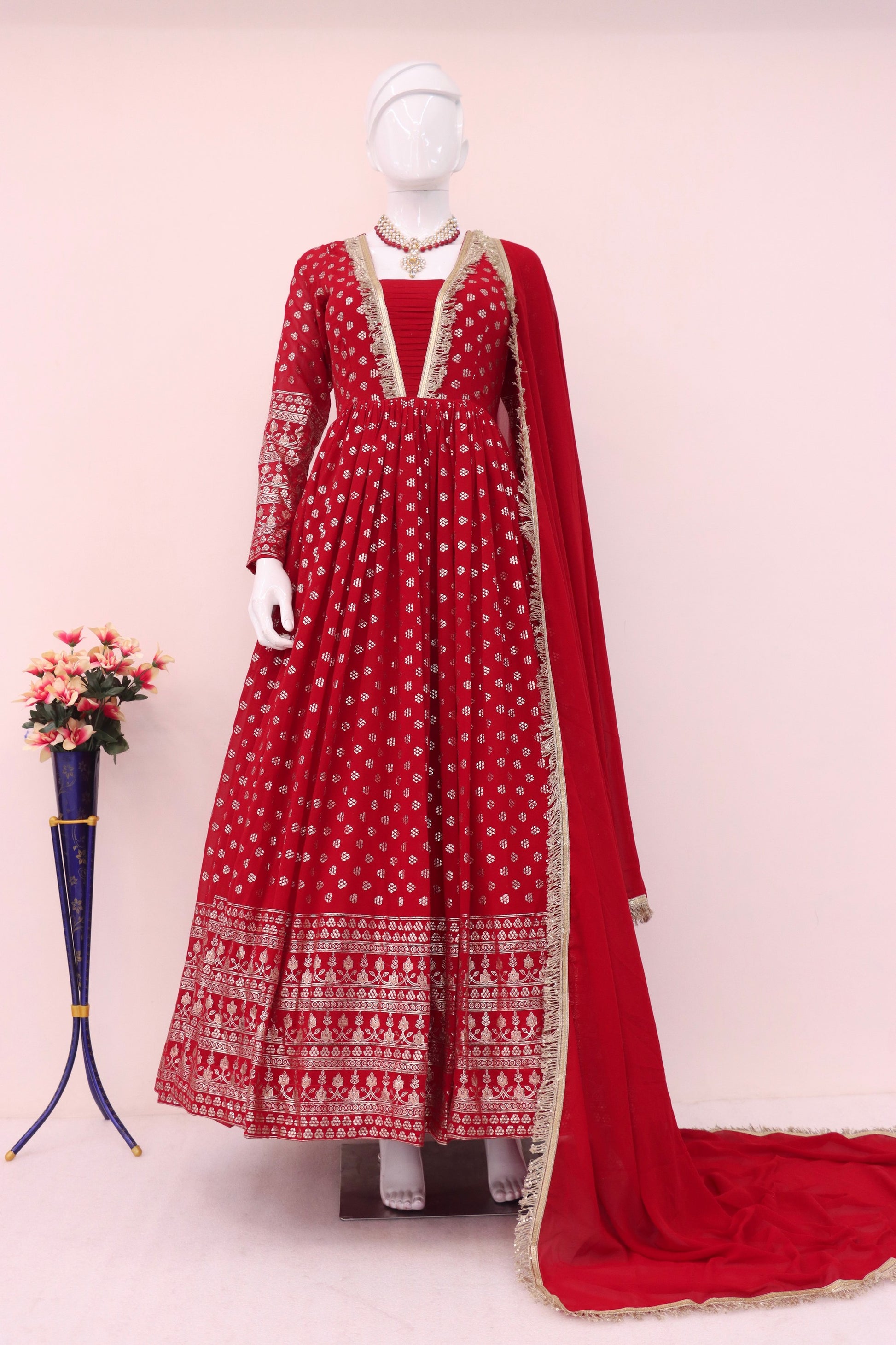 Red Georgette Full Length Anarkali Suit For Indian Festivals & Pakistani Weddings - Metallic Foil Work