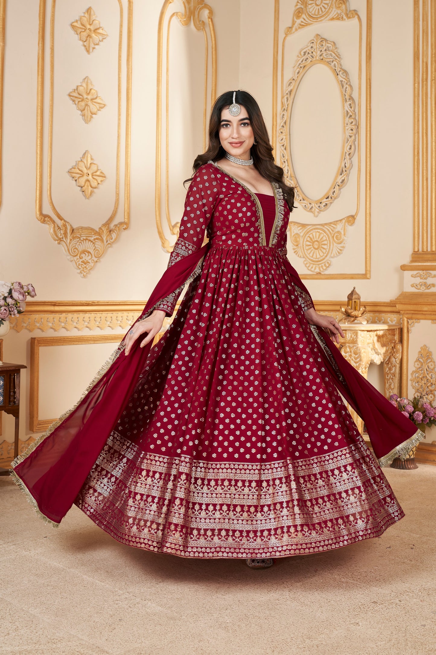 Red Georgette Full Length Anarkali Suit For Indian Festivals & Pakistani Weddings - Metallic Foil Work