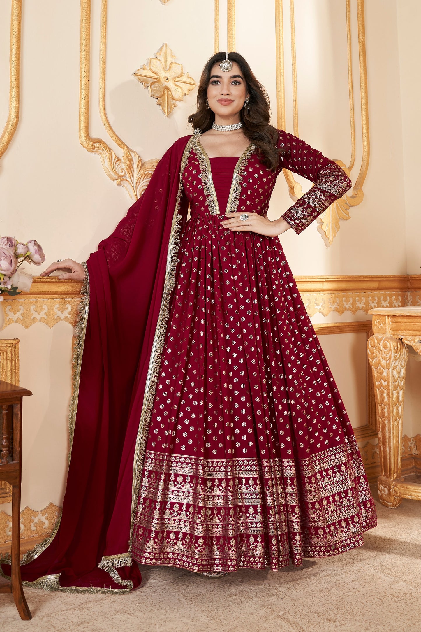 Red Georgette Full Length Anarkali Suit For Indian Festivals & Pakistani Weddings - Metallic Foil Work