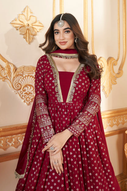 Red Georgette Full Length Anarkali Suit For Indian Festivals & Pakistani Weddings - Metallic Foil Work