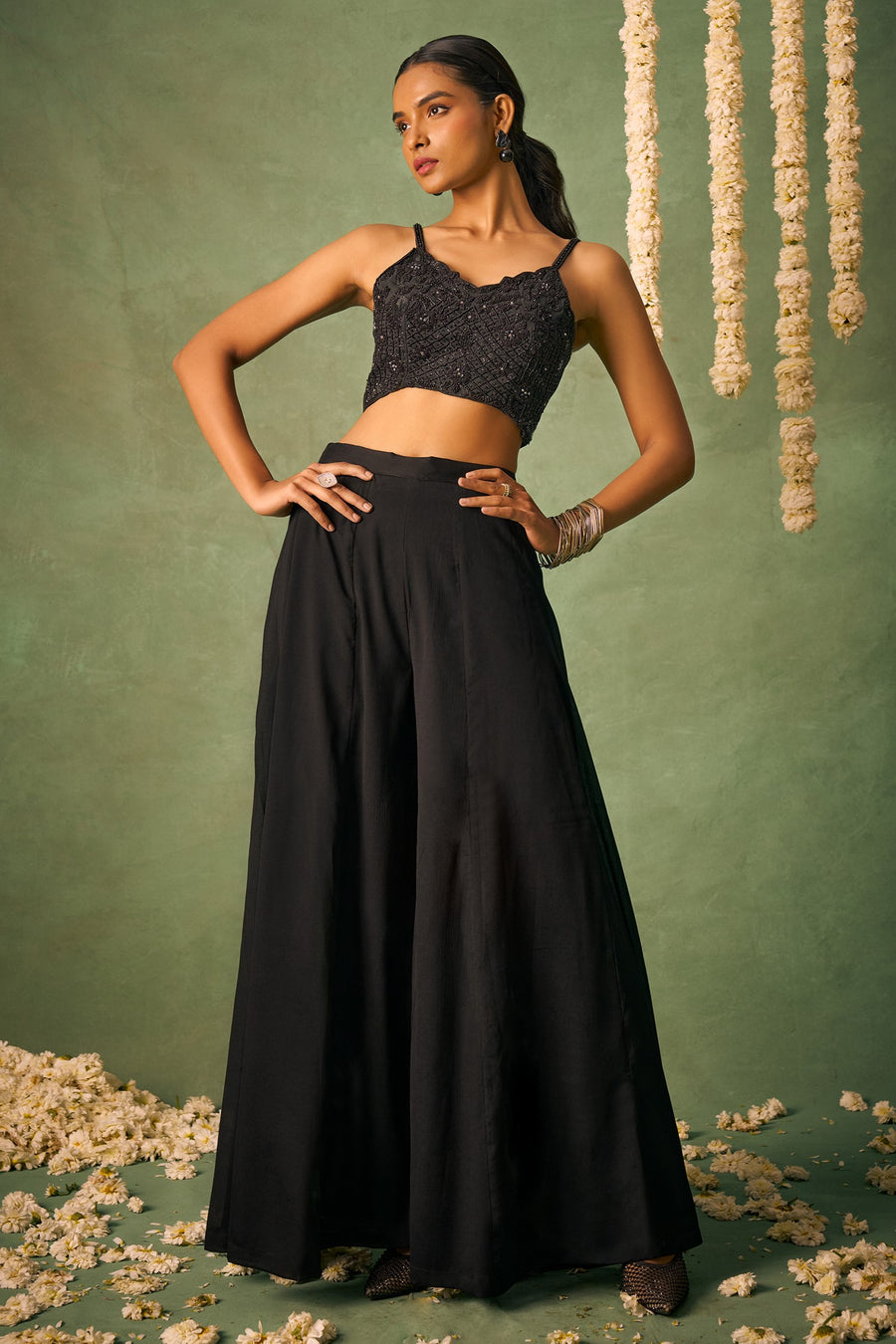 Black Chinon Silk Palazzo Choli with Cap Dupatta For Indian Festivals & Pakistani Weddings - Khatli Work, Sequence Embroidery Work, Hand Work