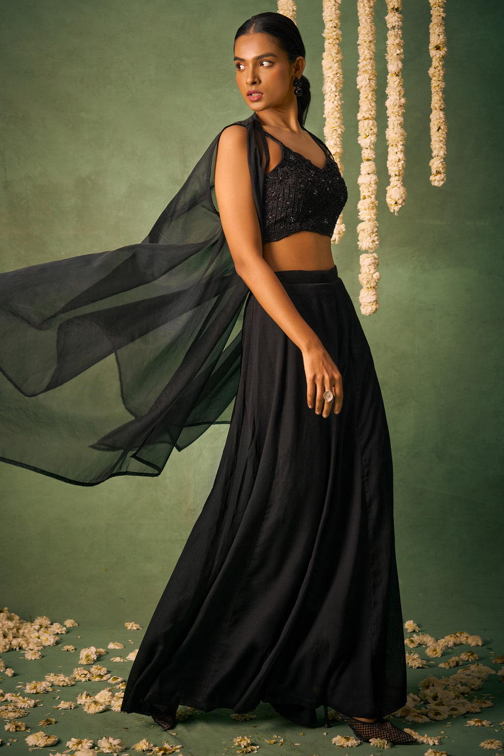 Black Chinon Silk Palazzo Choli with Cap Dupatta For Indian Festivals & Pakistani Weddings - Khatli Work, Sequence Embroidery Work, Hand Work