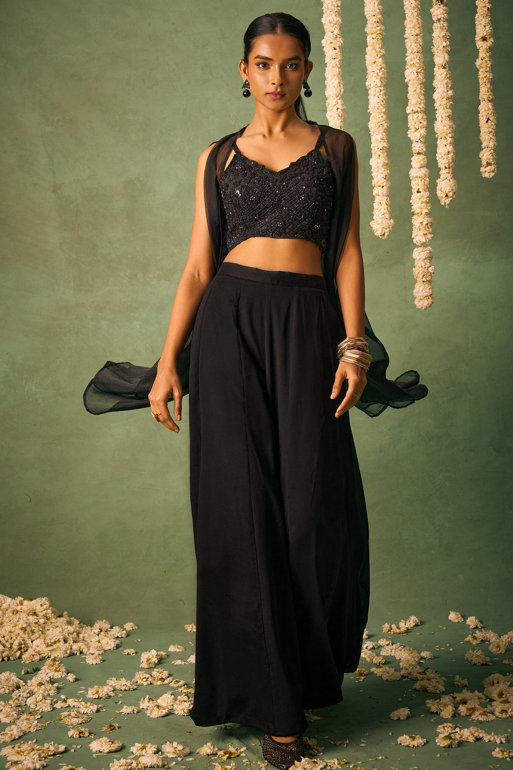 Black Chinon Silk Palazzo Choli with Cap Dupatta For Indian Festivals & Pakistani Weddings - Khatli Work, Sequence Embroidery Work, Hand Work