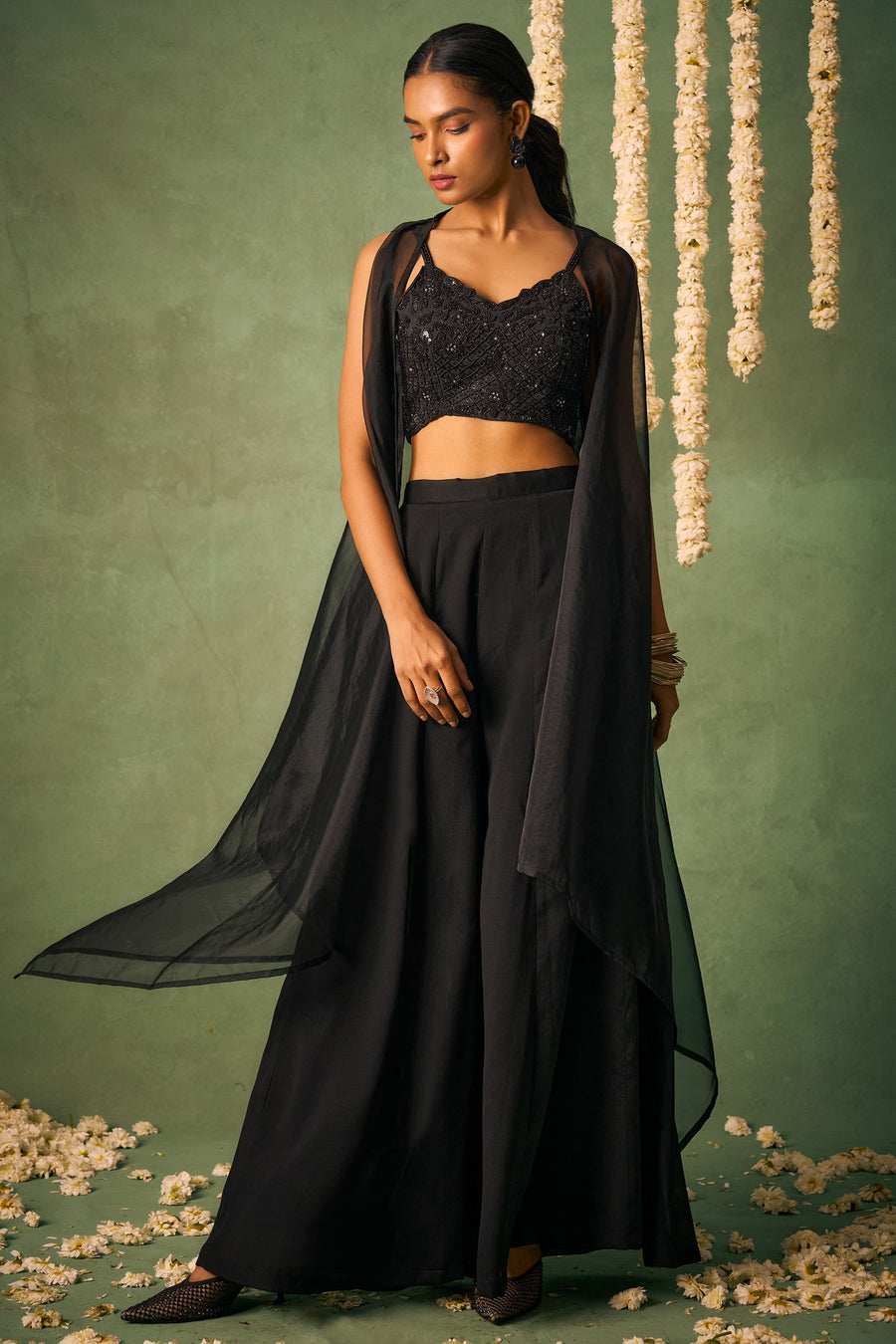 Black Chinon Silk Palazzo Choli with Cap Dupatta For Indian Festivals & Pakistani Weddings - Khatli Work, Sequence Embroidery Work, Hand Work