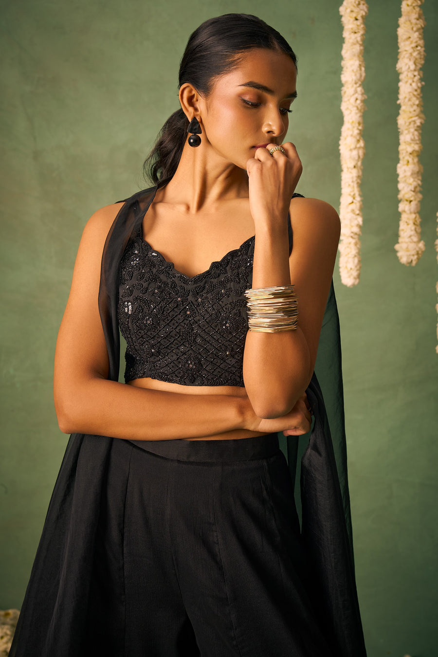 Black Chinon Silk Palazzo Choli with Cap Dupatta For Indian Festivals & Pakistani Weddings - Khatli Work, Sequence Embroidery Work, Hand Work