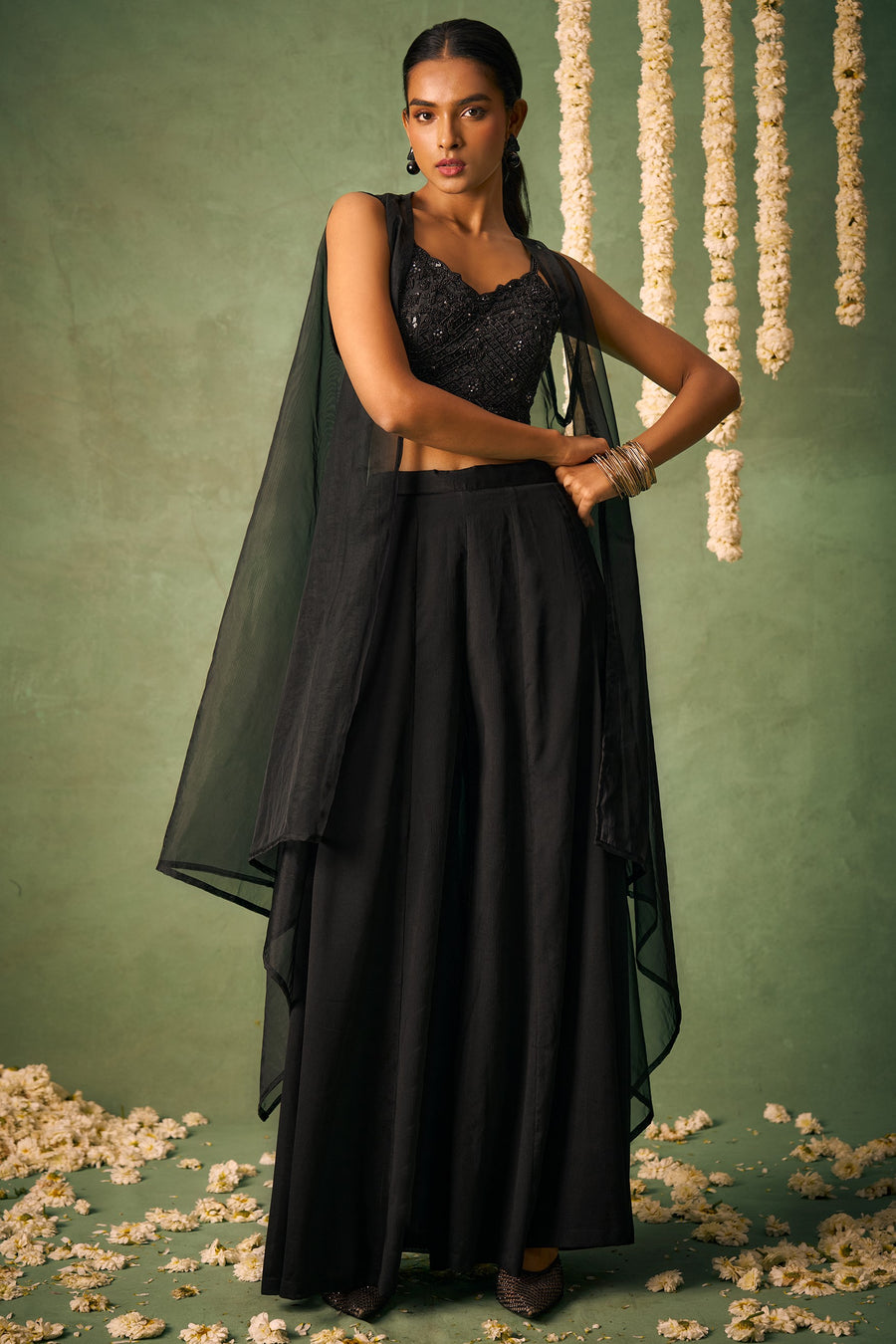 Black Chinon Silk Palazzo Choli with Cap Dupatta For Indian Festivals & Pakistani Weddings - Khatli Work, Sequence Embroidery Work, Hand Work