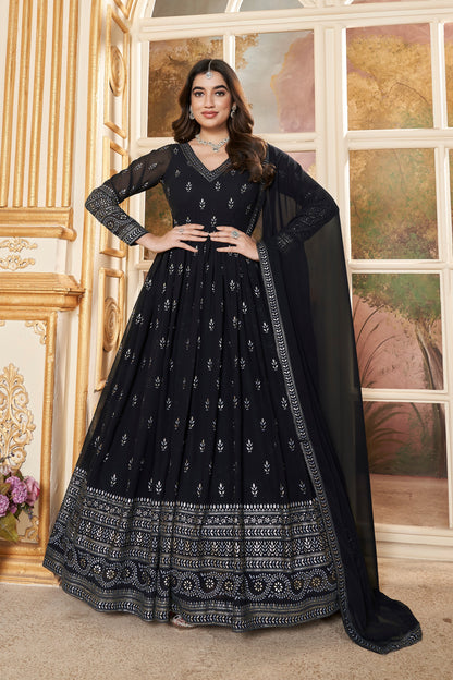 Navy Blue Georgette Full Length Anarkali Suit For Indian Festivals & Pakistani Weddings - Metallic Foil Work