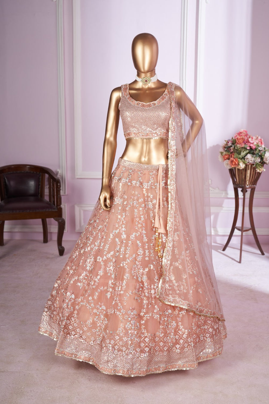 Peach Net Lehenga Choli For Indian & Pakistani Wedding Festival - Sequins & Thread Embroidery Work, Zari Work