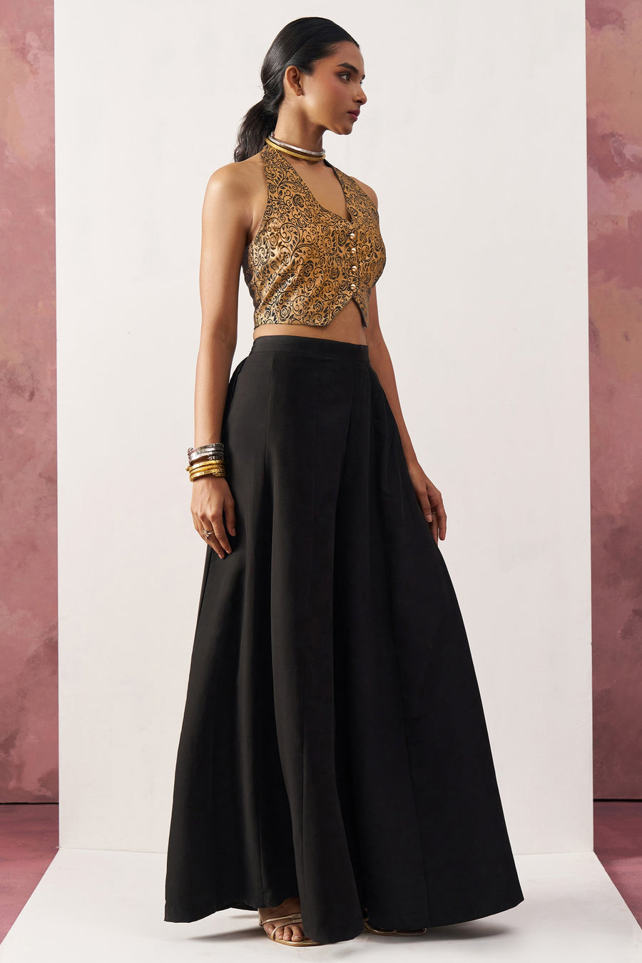 Black Jacquard Waistcoat with Plazo For Indian Weddings & Pakistani Festival