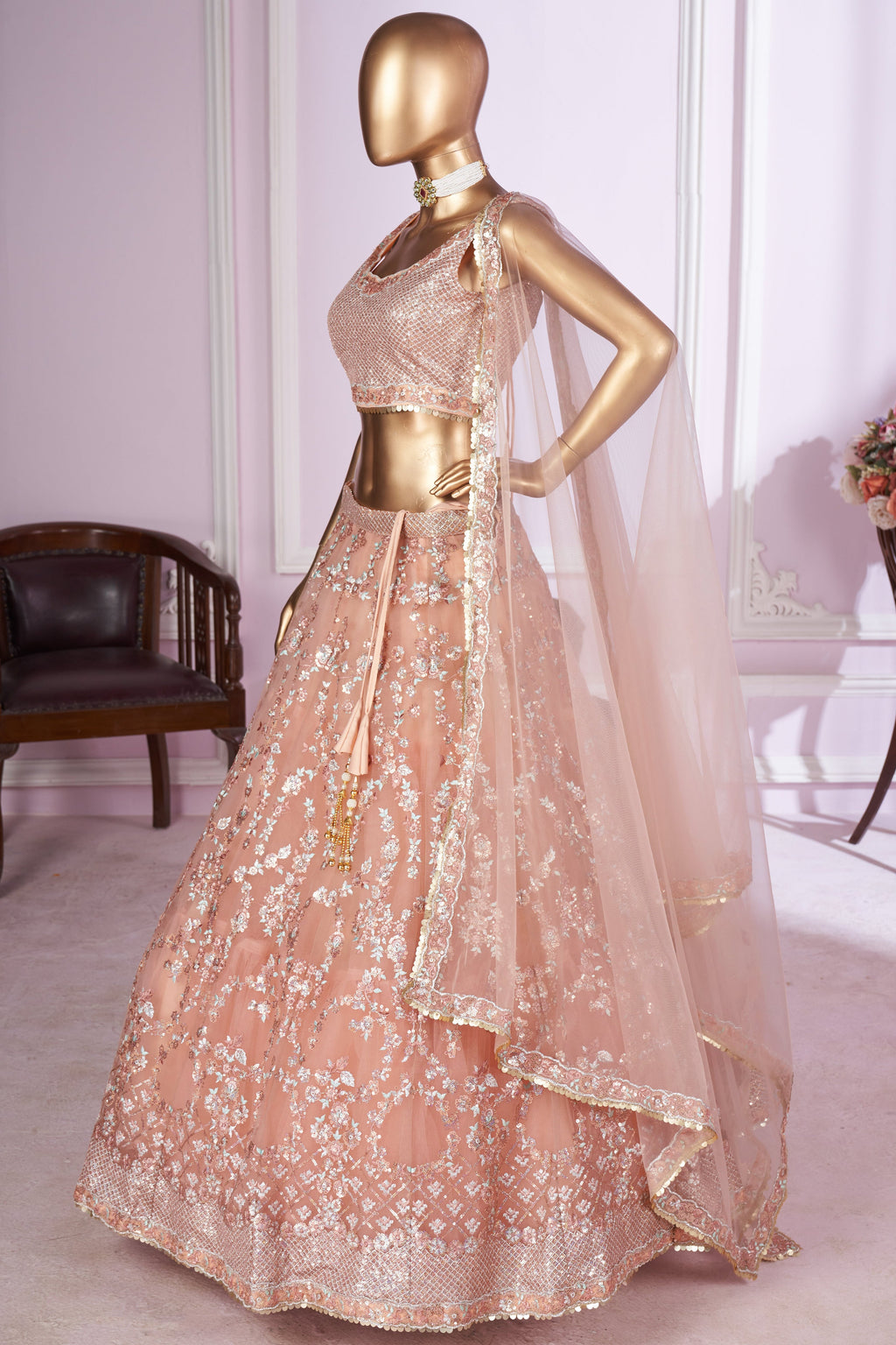 Peach Net Lehenga Choli For Indian & Pakistani Wedding Festival - Sequins & Thread Embroidery Work, Zari Work
