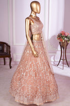 Peach Net Lehenga Choli For Indian & Pakistani Wedding Festival - Sequins & Thread Embroidery Work, Zari Work