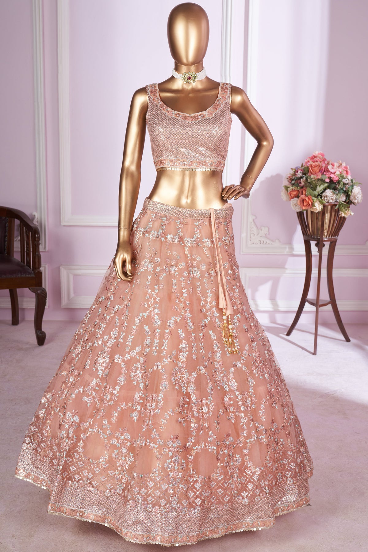 Peach Net Lehenga Choli For Indian & Pakistani Wedding Festival - Sequins & Thread Embroidery Work, Zari Work