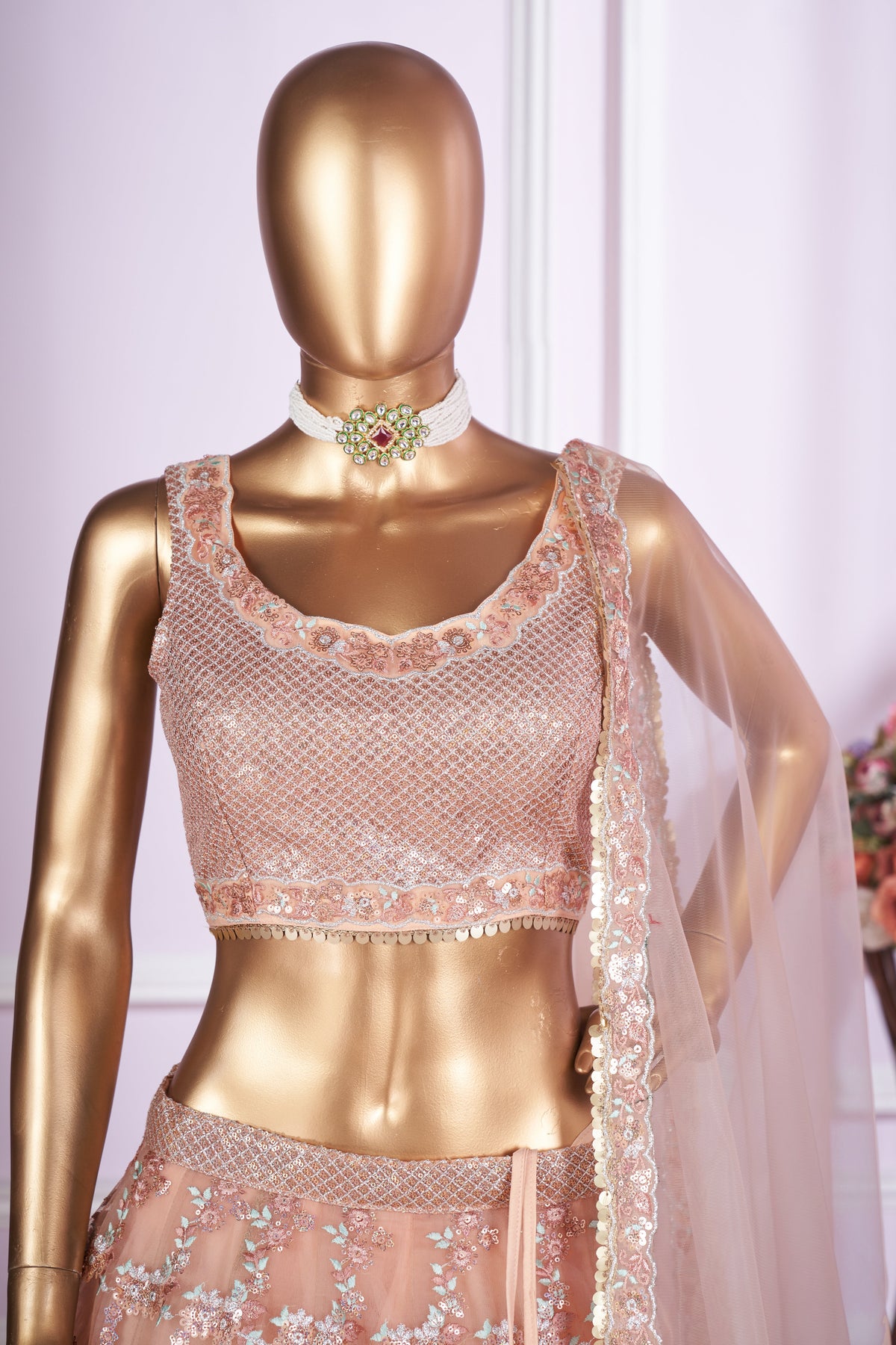 Peach Net Lehenga Choli For Indian & Pakistani Wedding Festival - Sequins & Thread Embroidery Work, Zari Work