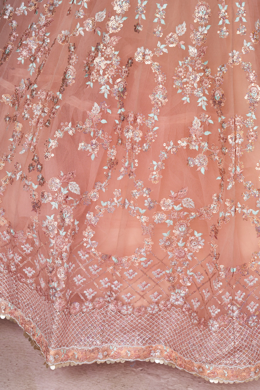 Peach Net Lehenga Choli For Indian & Pakistani Wedding Festival - Sequins & Thread Embroidery Work, Zari Work