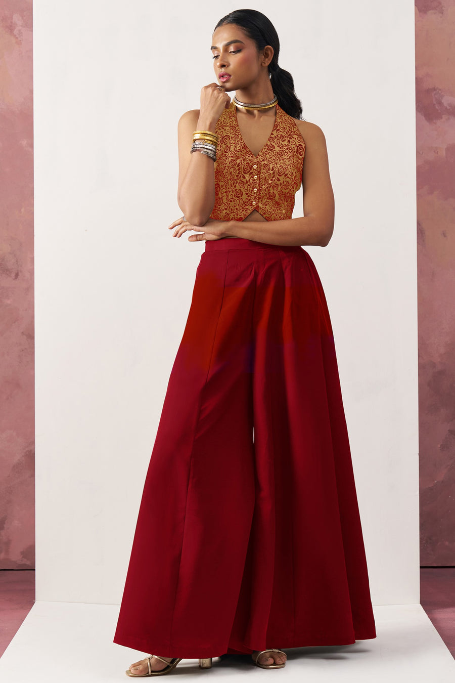 Red Jacquard Waistcoat with Plazo For Indian Weddings & Pakistani Festival