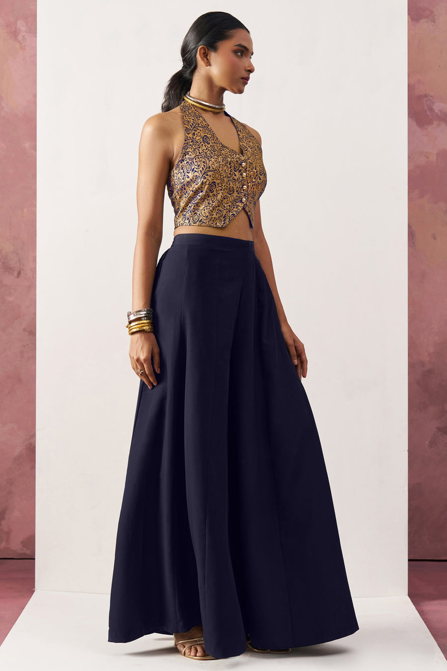 Navy Blue Jacquard Waistcoat with Plazo For Indian Weddings & Pakistani Festival