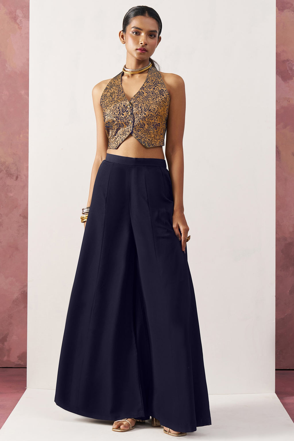 Navy Blue Jacquard Waistcoat with Plazo For Indian Weddings & Pakistani Festival