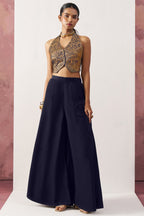 Navy Blue Jacquard Waistcoat with Plazo For Indian Weddings & Pakistani Festival