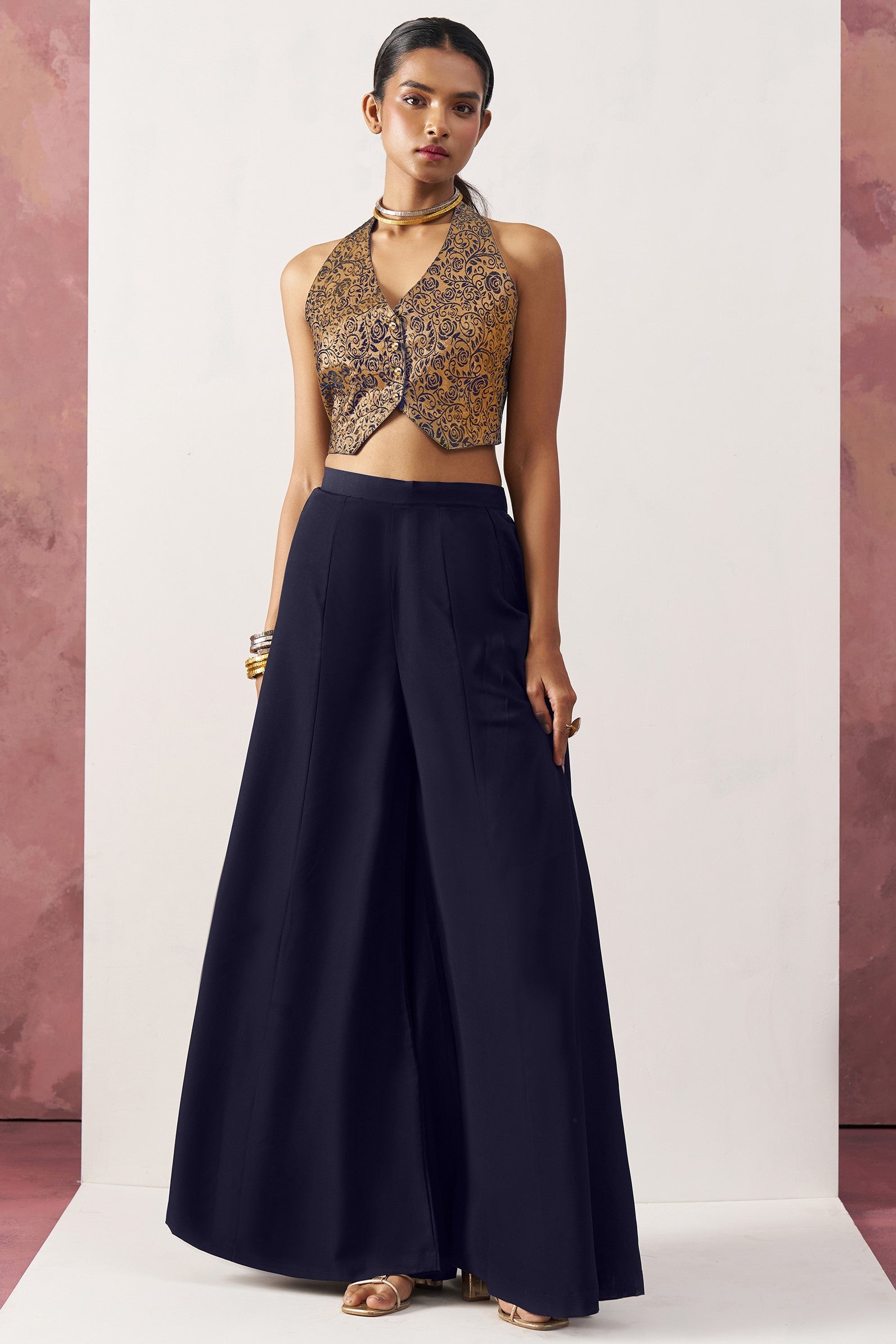 Navy Blue Jacquard Waistcoat with Plazo For Indian Weddings & Pakistani Festival