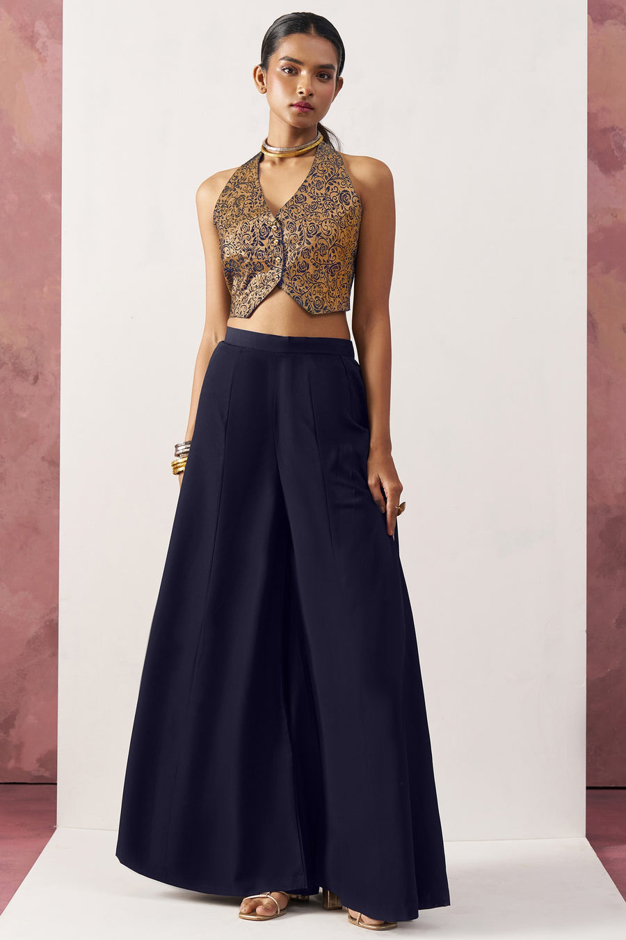 Navy Blue Jacquard Waistcoat with Plazo For Indian Weddings & Pakistani Festival