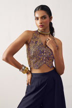 Navy Blue Jacquard Waistcoat with Plazo For Indian Weddings & Pakistani Festival