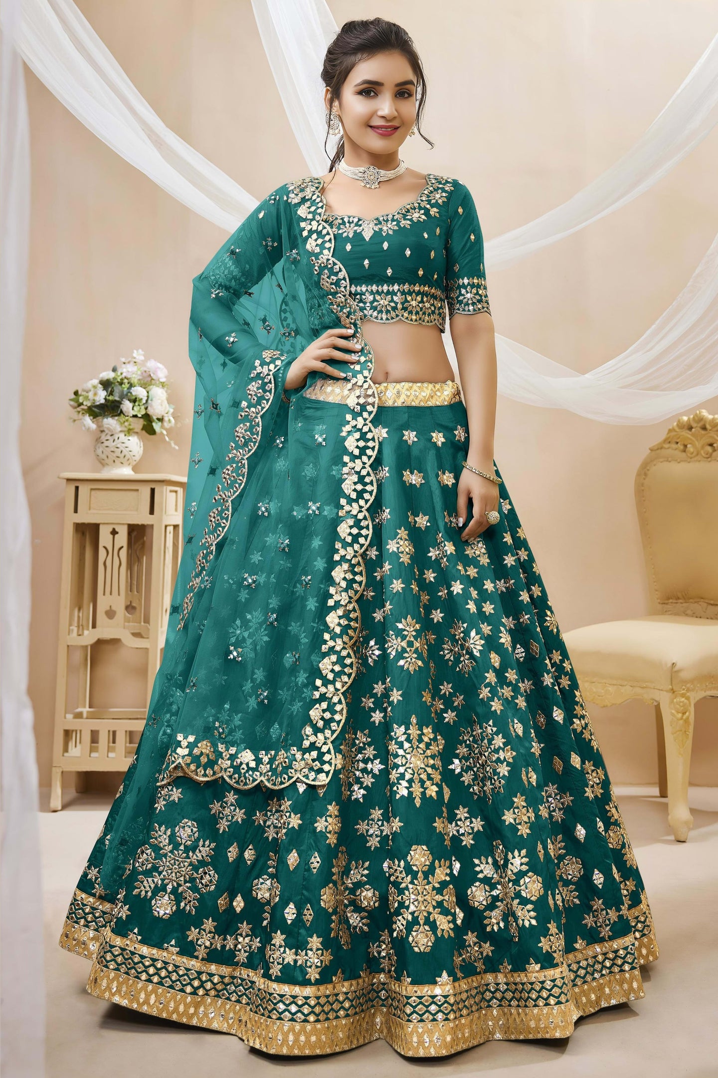 Teal Art Silk Lehenga Choli For Indian & Pakistani Wedding Festival - Sequins & Thread Embroidery Work, Zari Work