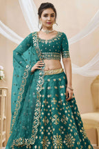 Teal Art Silk Lehenga Choli For Indian & Pakistani Wedding Festival - Sequins & Thread Embroidery Work, Zari Work