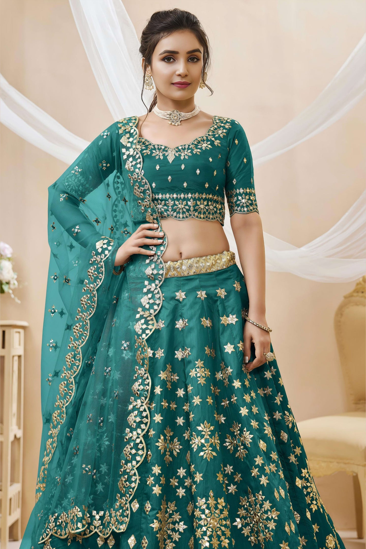 Teal Art Silk Lehenga Choli For Indian & Pakistani Wedding Festival - Sequins & Thread Embroidery Work, Zari Work