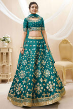 Teal Art Silk Lehenga Choli For Indian & Pakistani Wedding Festival - Sequins & Thread Embroidery Work, Zari Work