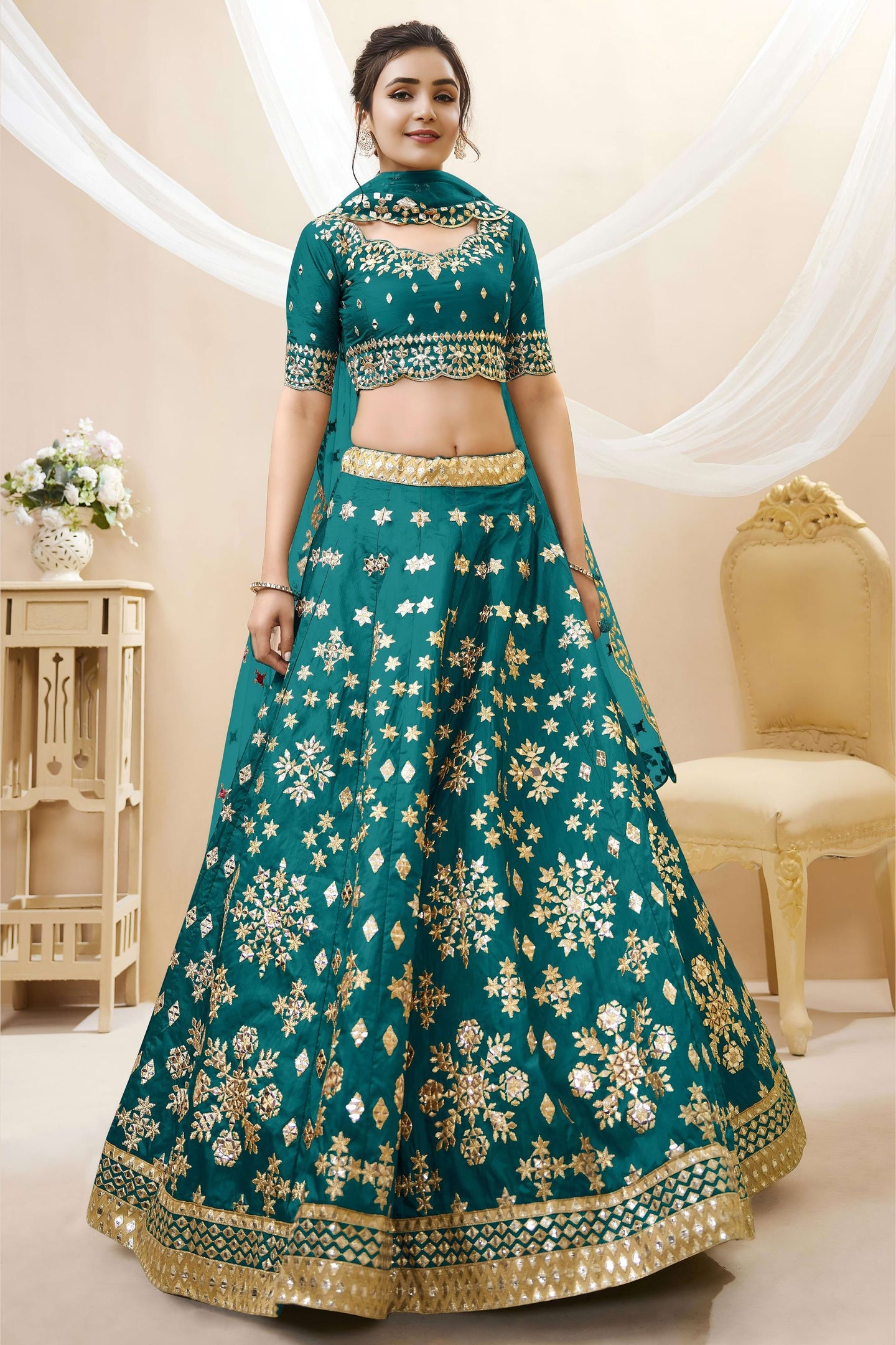 Teal Art Silk Lehenga Choli For Indian & Pakistani Wedding Festival - Sequins & Thread Embroidery Work, Zari Work