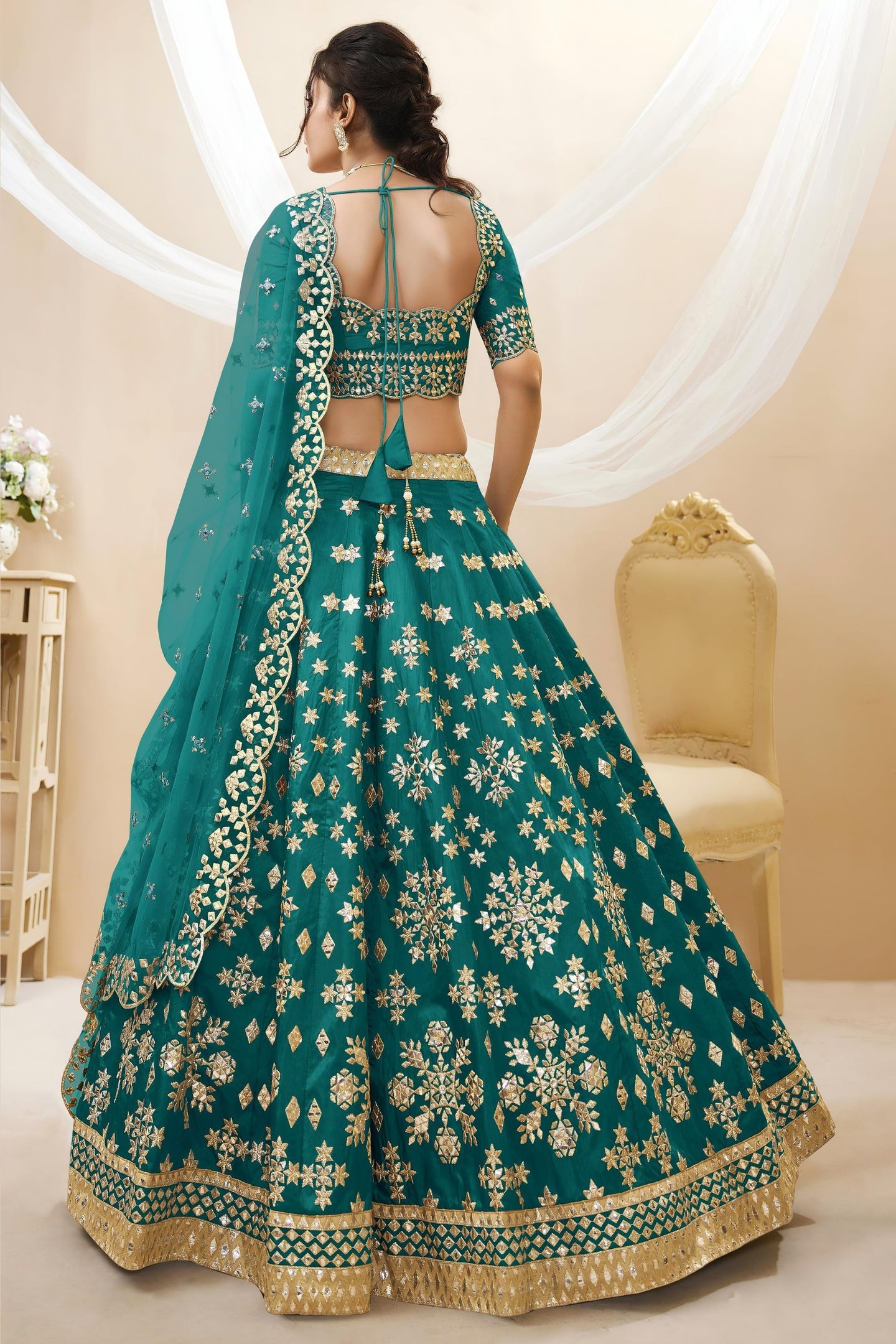 Teal Art Silk Lehenga Choli For Indian & Pakistani Wedding Festival - Sequins & Thread Embroidery Work, Zari Work