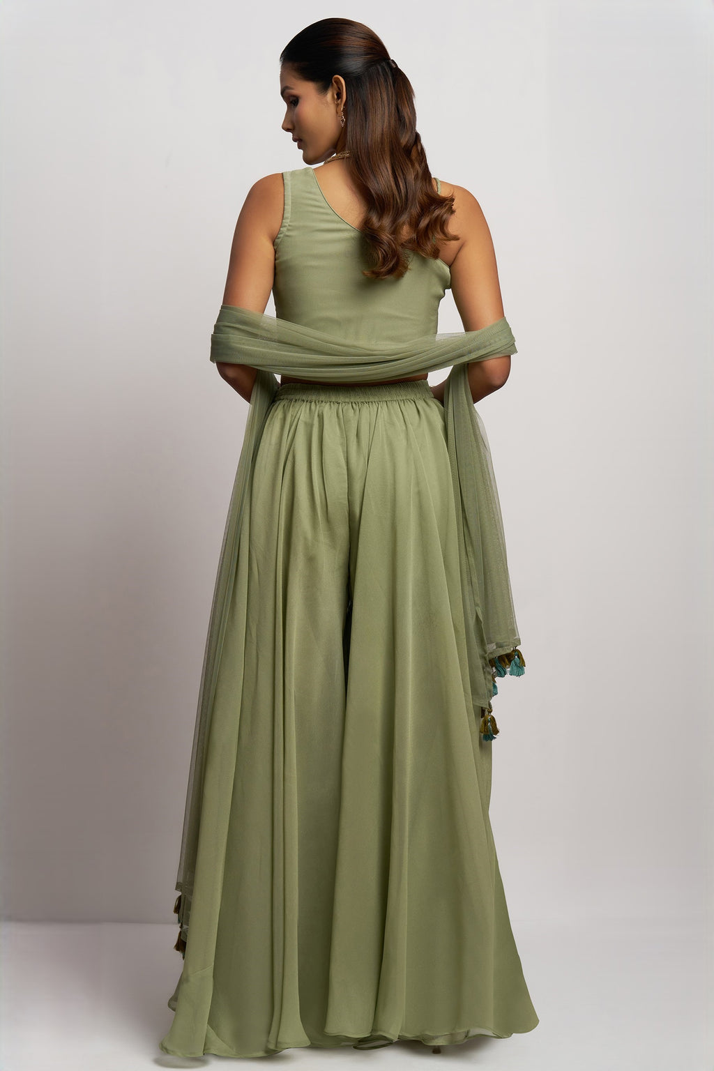 Olive green Georgette Palazzo with Blouse with Cap Dupatta For Indian Festivals & Pakistani Weddings - Khatli Work, Hand Work