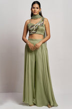 Olive green Georgette Palazzo with Blouse with Cap Dupatta For Indian Festivals & Pakistani Weddings - Khatli Work, Hand Work